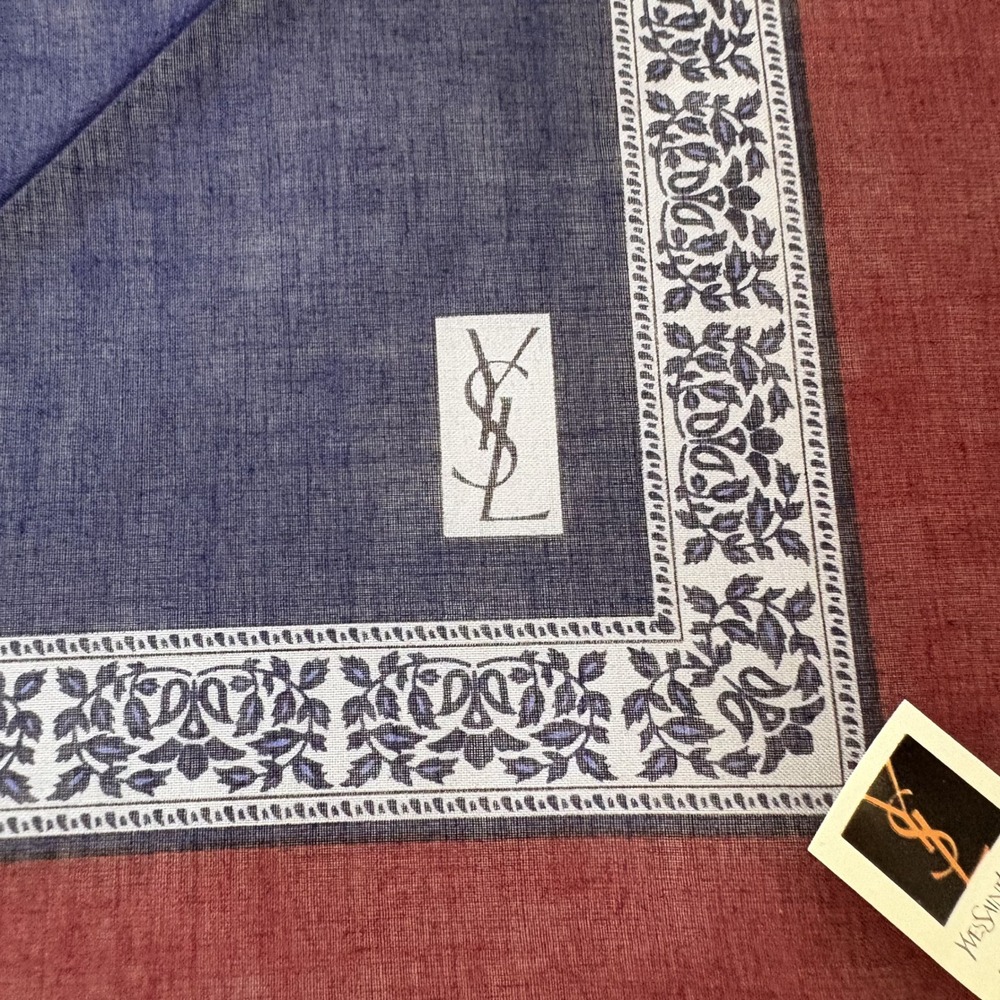 Yves Saint Laurent Scarf Handkerchief Floral Border Cotton Blue Burgundy 19"